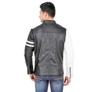 Men's Genuine Leather <b>Canvas</b> Moto Jacket Color Blocking Stripe Design Front Logo Stand Collar Biker Style Windproof Winter - Product Image 5