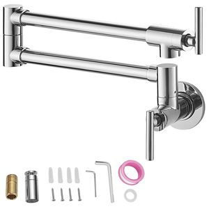Grifo de latón macizo para estufa de cocina comercial, acabado dorado cepillado, grifo de relleno de olla dorada, brazo oscilante DE DOBLE JUNTA, 2 manijas de pared - Product Image 1