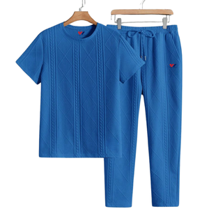 <b>Men's</b> Blue Knitted Spandex/Cotton <b>Trouser</b> Set Breathable <b>Short</b> Sleeve Crew Neck Shirt Jogger Pants Casual Winter Outfit Everyday - Product Image 5