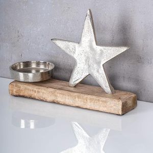 Porte-bougie étoile en aluminium moulé avec base en bois de manguier, décoration de table, étoile en bois et métal, décoration de Noël - Product Image 3