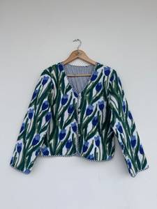 Blue Green Floral Print Lightweight Breathable Warm Reversible Quilted 100% Cotton V-neck Women's Handmade Boho <b>Vintage</b> <b>Jacket</b> - Product Image 1