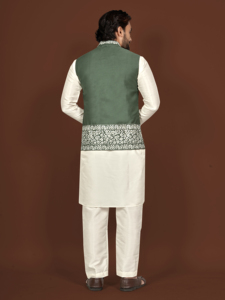 Kurta de Seda Blanca para Hombre con Chaleco Verde Bordado, Traje Tradicional Indio para Bodas y Diwali, Reversible, de Secado Rápido, Corte Regular - Product Image 4