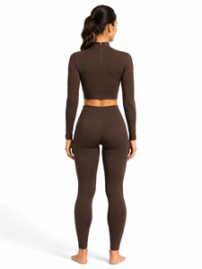 <b>Brown</b> 2-Piece Yoga Set Crew Neck Crop Top High-Waist Full-Length <b>Leggings</b> Elastic Waist Seamless Four-Way Stretch Eco-Friendly - Product Image 3