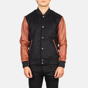 Mens Black Brown Leather Sleeve Varsity <b>Jacket</b> Custom Letterman <b>Baseball</b> <b>Bomber</b> <b>Jacket</b> Wholesale - Product Image 2