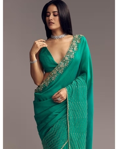KV Women's <b>Green</b> <b>Silk</b> Viscose Traditional Organza Embellished Designer Saree with Unstitched Blouse for Party Occasions - Product Image 1