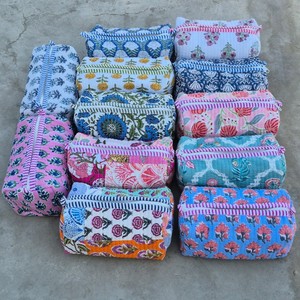 Vintage Cotton Handmade Block Printed for Pouches Women 3pcs Zipper Organizers Medium Capacity Makeup Accessory Cosmetic - Product Image 2