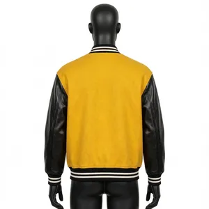 Veste universitaire personnalisée en laine jaune avec manches en cuir PU noir, veste de style Letterman pour hommes, broderie de lettre J, boutons pression - Product Image 3