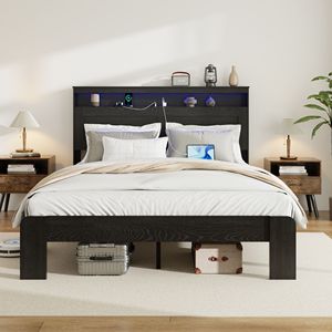 Letto matrimoniale in legno con piattaforma, testiera illuminata a LED e contenitore, 2 USB, silenzioso, non richiede rete a molle - Product Image 1