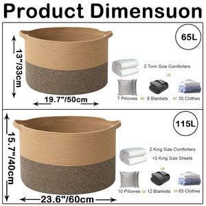 65L Large Woven Cotton Rope Nursery <b>Basket</b>, Laundry <b>Basket</b> Laundry Hamper with Handles,Blanket <b>Basket</b> <b>Storage</b> - Product Image 4