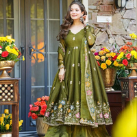 Completo Set Anarkali Sharara in Seta Croccante con Ricami Multicolore di Paillettes, Taglie dal 34 al 46, Alta Qualità, Catalogo all'Ingrosso