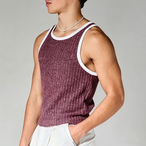 <b>Men's</b> Ribbed Knitted Tank Top Solid Color O-Neck Casual Sleeveless Top Purple <b>White</b> Trim <b>Men's</b> Knitted <b>Vest</b> - Product Image 2