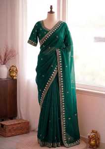 Designer Sequence And Cut Dana Hand Work Space Silk Velvet Shine <b>Saree</b> Paired With Fully Stitched Blouse - Product Image 5