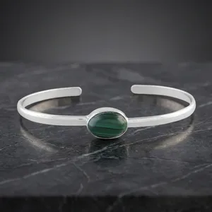 925 Sterling Silver Green Malachite Cuff Bangle Bracelet Oval Gemstone Minimalist Handmade Women’s Everyday Jewelry - Product Image 3