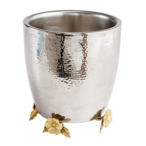 Handcrafted Stainless Steel Hammered Ice <b>Bucket</b> with Gold Floral Footed Base Metal Wine <b>Champagne</b> Cooler Chiller for Bar Supply - Product Image 1
