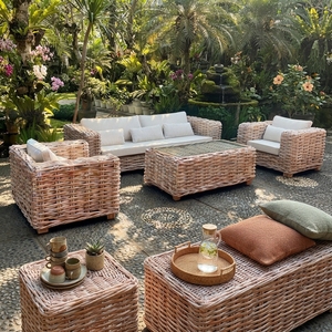 Handcrafted outdoor wicker rattan patio sofa set cushioned sofa armchairs coffee table furniture lounge setup product item - Product Image 5