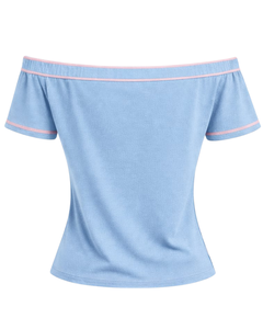 Camiseta Naranja para Mujer, con Hombros Descubiertos, Ribete de Rayas en Contraste, Manga Corta, Corte Ajustado, Informal, Verano, Fabricante OEM Personalizado - Product Image 4