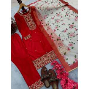 Ensemble haut, bas et dupatta en soie pour femmes, look de soirée - Product Image 6