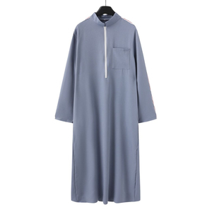 Light Blue Grey Men Islamic Thobe Long Sleeve Embroidered Neckline Arabic Kandura Dishdasha <b>Muslim</b> Jubba Traditional <b>Dress</b> - Product Image 6