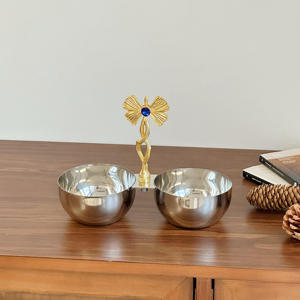 Elegante Tazón Doble Plateado de Lujo con Asa Dorada y Piedras Preciosas Azules, Bandeja Metálica Doble para Nueces, Decoración para el Hogar - Product Image 1