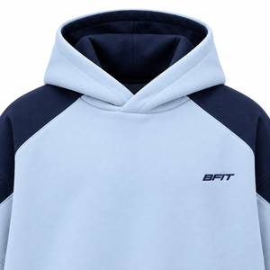 <b>Men</b>’s Oversized Ice Blue <b>Navy</b> <b>Fleece</b> Pullover Hoodie with Embroidered Logo Contrast Shoulders and Welt Pockets - Product Image 2