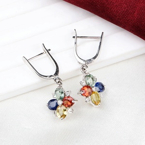 Precious Natural Multi Sapphire <b>Diamond</b> 18k Solid White Gold Handmade Classic Drop <b>Earrings</b> Certified Wedding Engagement Women - Product Image 2