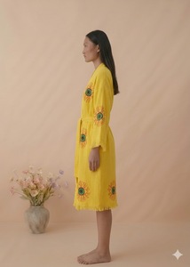 Women <b>Boho</b> Woven Floor-Length <b>Dress</b> Floral Embroidery Frayed Hem Loose Fit Long Sleeve V-neck <b>Summer</b> Casual Washable - Product Image 4