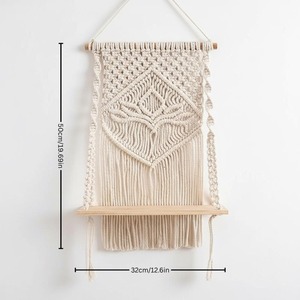 Premium Beige Macrame Wall Shelf With Wooden Rack For Home Decor Storage Display Boho Handmade Cotton Art Piece From India - Product Image 6