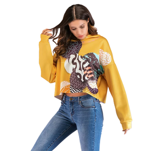 Washed 100% Cotton Embroidered Women's Hoodies <b>Top</b> Yellow Hooded <b>Crop</b> Sweatshirt Patchwork Print Full Sleeve Casual Winter - Product Image 1