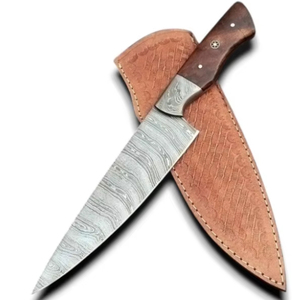 Couteau de chef de luxe en acier Damas, lame pleine longueur, tranchant comme une rasoir, manche en bois de rose, étui en cuir, ambidextre, haute dureté - Product Image 1