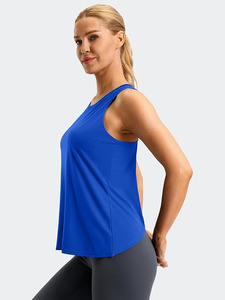 Camiseta sin mangas asimétrica azul para mujer, diseño con espalda descubierta, tejido transpirable de poliéster, protección solar, decoración de malla - Product Image 2