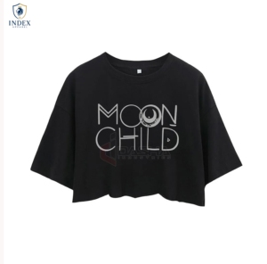 INDEX APPAREL Women's Black Crop <b>Top</b> Crew Neck Short Sleeve Moon Child Print Casual T-Shirt Spring Summer Wear - Product Image 1