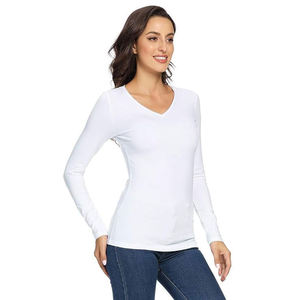 T-shirt à manches longues col en V blanc pour femme, 100% coton tricoté, couleur unie, respirant, coupe ajustée, toutes saisons - Product Image 5