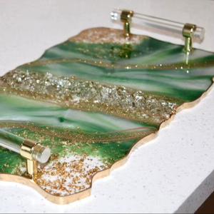 Handmade Emerald Green Glitter Resin <b>Tray</b>: Gold Handle <b>Vanity</b> <b>Tray</b> - Product Image 1