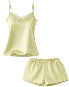 ชุดนอนผ้าซาตินสีเขียวมะกอกอ่อน แต่งลูกไม้ เสื้อสายเดี่ยว กางเกงขาสั้น ชุดนอนผู้หญิง ชุดนอนเซ็กซี่ ชุดนอนผ้าไหมนุ่ม ชุดลำลองสองชิ้น - Product Image 1