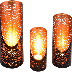 Set of 3 Oriental Decorative Tea Light Holders <b>Lantern</b> 14 cm <b>Large</b> Black & Gold <b>Candle</b> Holder - Product Image 1