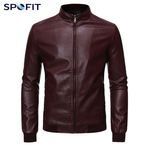 SPOFIT Men's PU Leather <b>Jacket</b> Stand Collar Zipper Front Moto <b>Biker</b> Style Solid Color Winter Breathable Wear - Product Image 1