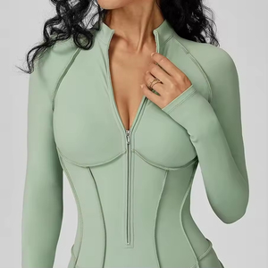 Women's Mint <b>Green</b> Full Zip Long Sleeve Bodysuit Turtleneck Knitted Spandex Polyester Sexy Club Wear Breathable Fit - Product Image 3