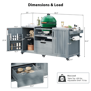 Isola da Cucina per Esterni in Legno Massello da 169 cm per Griglie Big Green Egg, Carrello Grill con Piano in Acciaio Inossidabile - Product Image 5