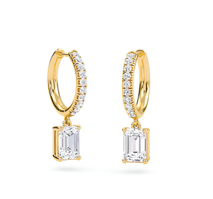Boucles d'oreilles créoles en or jaune pour femme avec pendentif taille émeraude et pierres latérales pavées, bijoux de mariage classiques - Product Image 5