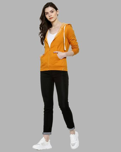 Sweat-shirt à capuche jaune moutarde pour femme, coupe ajustée, pull décontracté avec poche kangourou, mélange de coton, orange - Product Image 1