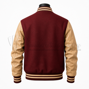 Chaqueta Universitaria Personalizada Color Granate, Cuerpo de Lana, Mangas de Cuero Beige, Chaqueta Letterman, Fabricante de Marca Privada OEM - Product Image 2