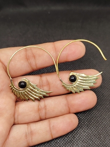 Hand Carved Brass Stone Hoop <b>Earring</b> Real Black Onyx Hoop <b>Earring</b> - Product Image 5