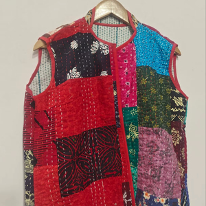 Chaleco Vintage de Algodón para Mujer, Chaleco sin Mangas, Chaleco Corto Kantha, Chaleco sin Mangas Multicolor con Parches, Estilo Casual - Product Image 1