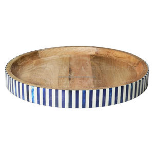 Handmade Vintage Bone Inlay Wooden <b>Tray</b> with Blue White <b>Round</b> Design Home Kitchen <b>Table</b> Decoration Serving <b>Tray</b> - Product Image 1