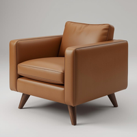 Fauteuil lounge en cuir Cognac de style mid-century moderne avec pieds en bois massif, fauteuil écologique pour chambre, salon, bureau, hall d'hôtel