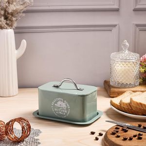 Boîte à beurre rectangulaire vintage vert sauge avec couvercle et poignée, boîte de rangement alimentaire en fer - Product Image 6