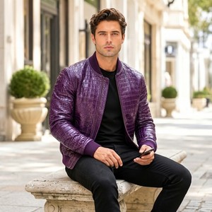Blouson Bomber en Cuir Gaufré Violet pour Homme avec Fermeture Éclair – Collection LEATHER SPOT |   Polyester respirant fait main - Product Image 2