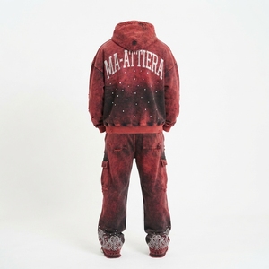 Conjunto de Sudadera con Capucha y Pantalones Cargo para Hombre, Estilo Acid Wash Rojo y Negro, de Algodón y Felpa, Oversize, Streetwear, OEM, Venta al Por Mayor - Product Image 4