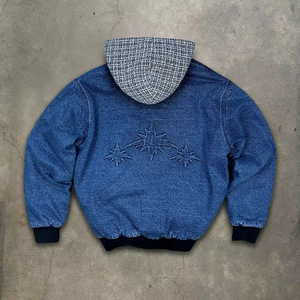 Veste zippée décontractée coupe-vent pour homme, style automne, en jean oversize avec patchwork à carreaux et doublure - Product Image 2