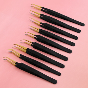 Pince à cils à pointe en fibre, pince à cils à pointe dorée avec Nano Grip Volume, kit professionnel de pincettes pour extensions de cils noir et or - Product Image 3